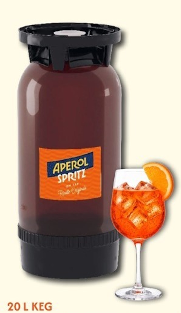 Aperol Spritz 9% im KEG-Fass, nach dem öffnen kühl und trocken lagern, innerhalb 30 Tage verbrauchen.