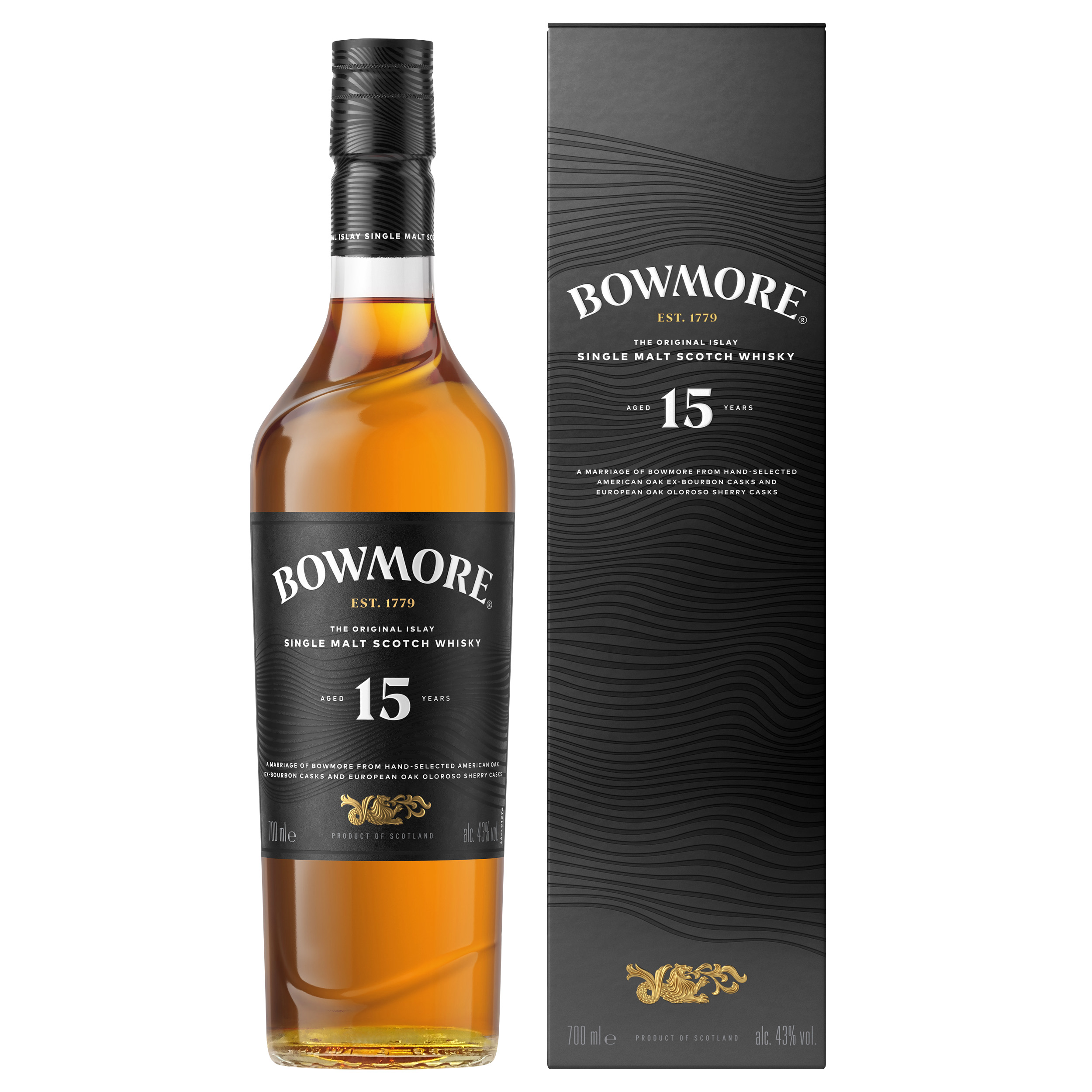 Bowmore 15 years Darkest Islay Single Malt Scotch Whisky 43% Vol. Bowmore 15 years Darkest Islay Single Malt Scotch Whisky 43% Vol.