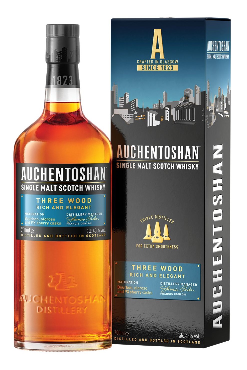 Auchentoshan Three Wood 43% Vol. Gereift in Bourbon, Oloroso Sherry, Pedro Ximenez
