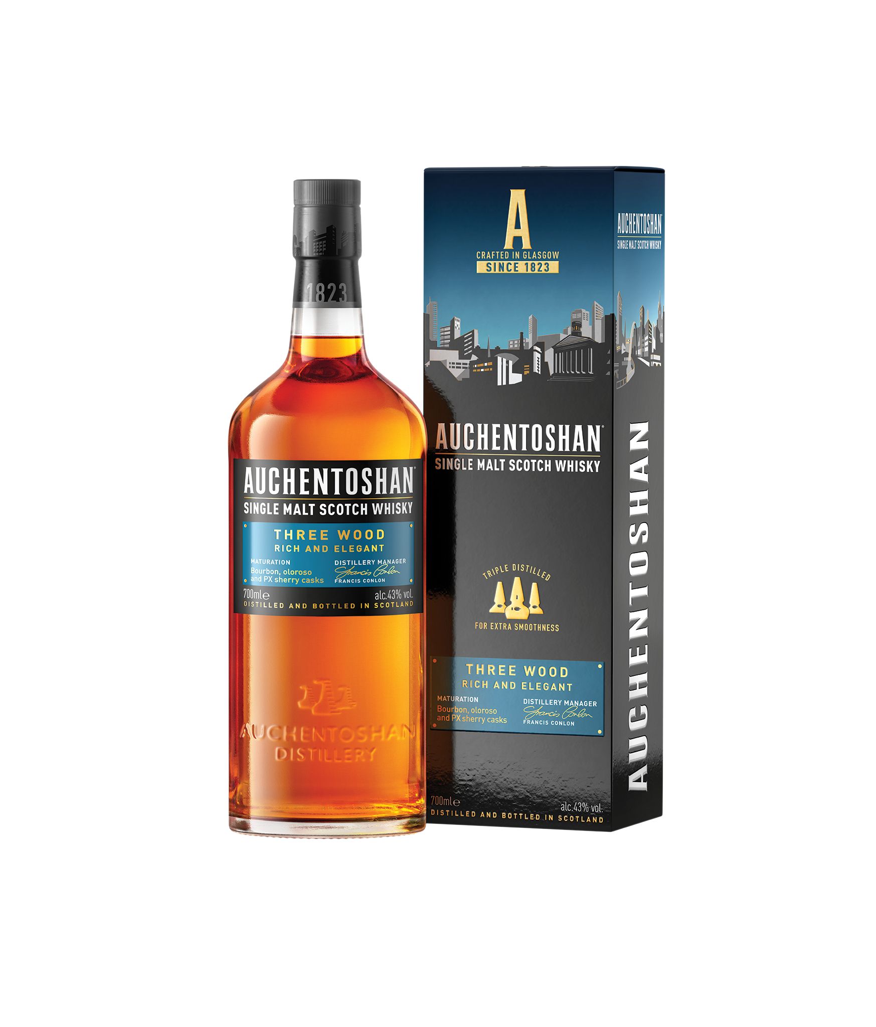 Auchentoshan Three Wood 43% Vol. Gereift in Bourbon, Oloroso Sherry,  Pedro Ximenez
